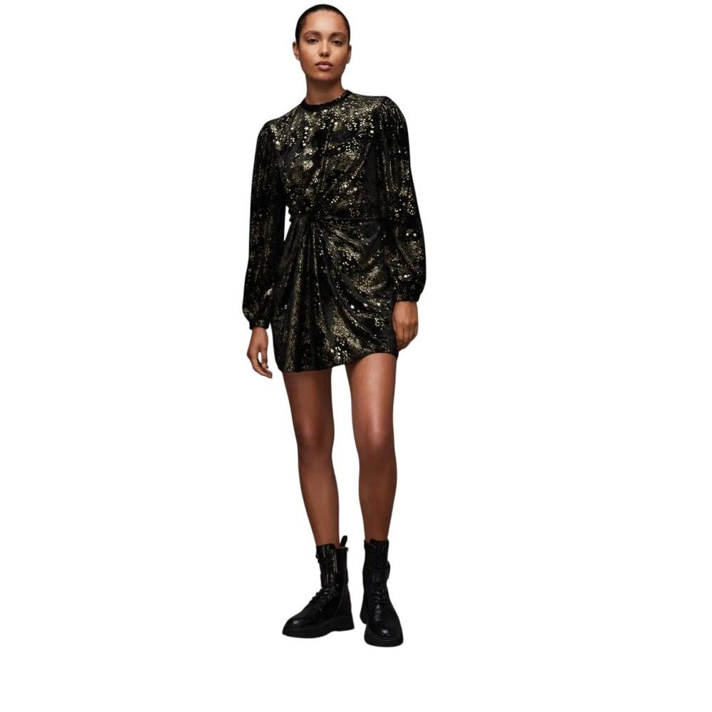 AllSaints Jemima Gold Star Velvet Wrap Mini Dress Black Size 4 $299